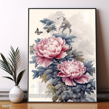 Tranh hoa mẫu đơn và chim công