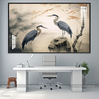 Tranh chim công trong vườn hoa mẫu đơn treo tường