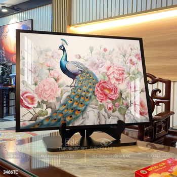 Tranh đôi chim công và hoa mẫu đơn treo tường phòng khách