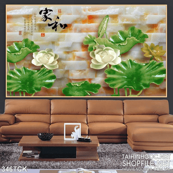 Tranh hoa sen, cá chép giả ngọc thư pháp