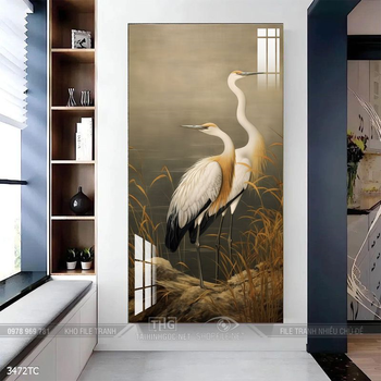 Tranh chim công hoa mẫu đơn decor trang trí tường nhà