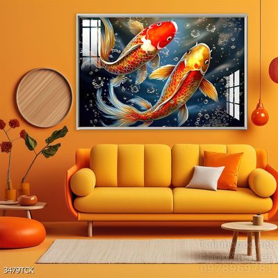 Tranh decor tường phòng khách cá chép hoa sen