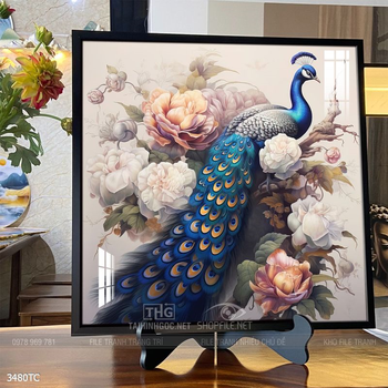 Tranh treo tường phong thủy chim công và hoa mẫu đơn