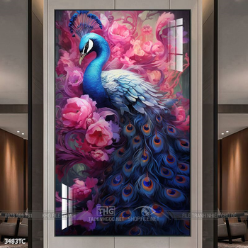 Tranh hoa mẫu đơn và chim công