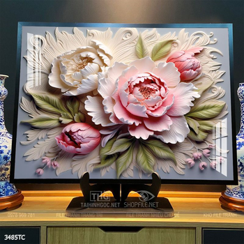 Tranh chim công trong vườn hoa mẫu đơn treo tường