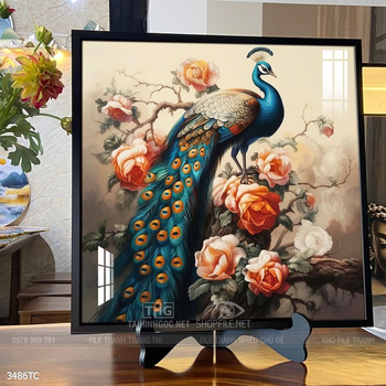 Tranh đôi chim công và hoa mẫu đơn treo tường phòng khách