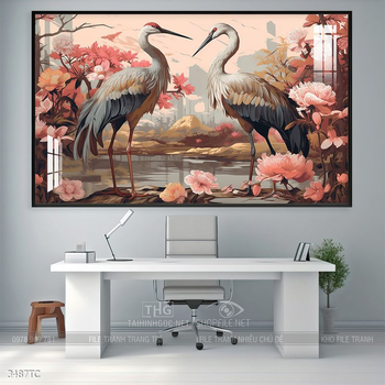 Tranh phòng khách chim công và hoa mẫu đơn treo tường