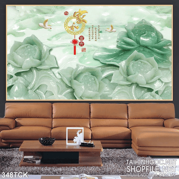 Tranh hoa sen, cá chép giả ngọc cẩm thạch