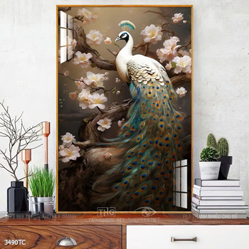 Tranh treo tường phong thủy chim công và hoa mẫu đơn