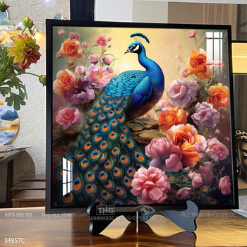 Tranh chim công trong vườn hoa mẫu đơn treo tường