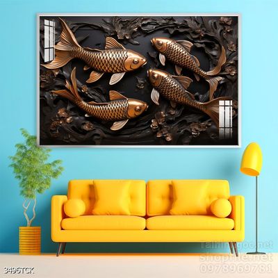 Tranh decor tường phòng khách cá chép hoa sen