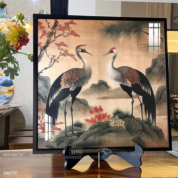 Tranh phòng khách chim công và hoa mẫu đơn treo tường