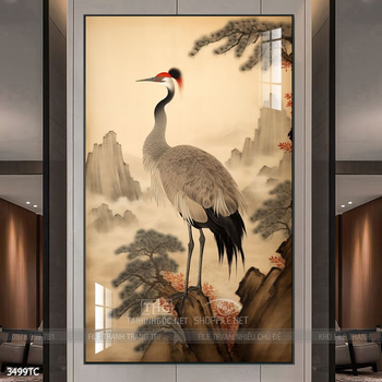 Tranh treo tường hoa mẫu đơn và đôi chim công khổ dọc