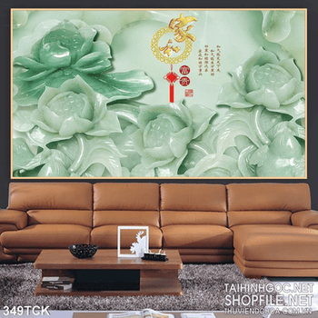 Tranh hoa sen, cá chép giả ngọc thư pháp