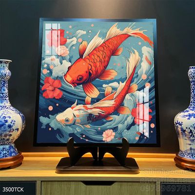 Mẫu tranh decor tường cá chép hoa sen