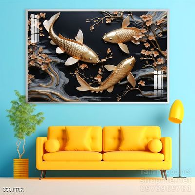 Tranh trang trí phòng khách cá chép hoa sen