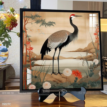 Tranh chim công hoa mẫu đơn decor trang trí tường nhà