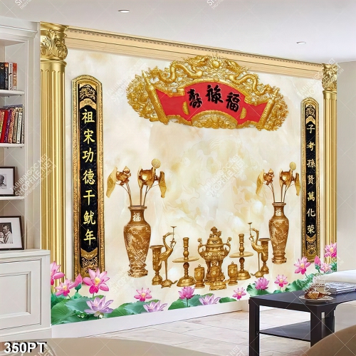 Tranh thờ thư pháp và nền giả ngọc bên bộ lư vàng đẹp chất lượng cao