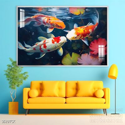 Tranh trang trí phòng khách cá chép hoa sen