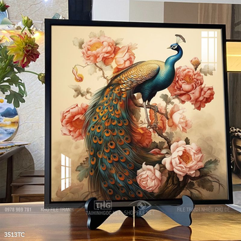 Tranh hoa mẫu đơn và chim công