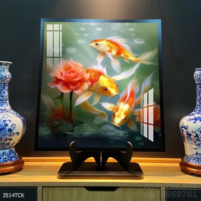 Tranh decor tường phòng khách cá chép hoa sen