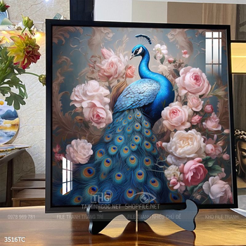 Tranh đôi chim công và hoa mẫu đơn treo tường phòng khách