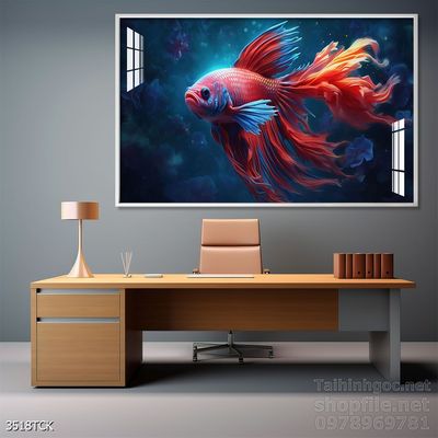 Mẫu tranh decor tường cá chép hoa sen