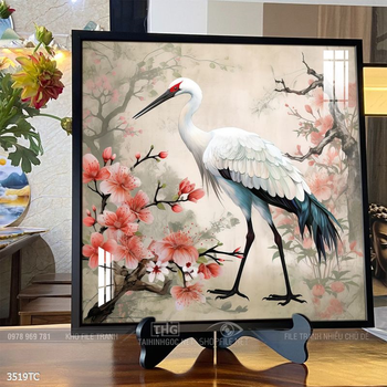 Tranh treo tường hoa mẫu đơn và đôi chim công khổ dọc