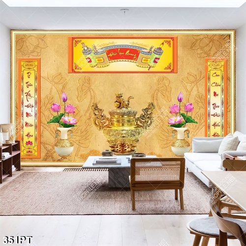 Tranh phòng thờ hoa sen và thư pháp in uv