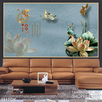 Tranh hoa sen, cá chép giả ngọc dán tường