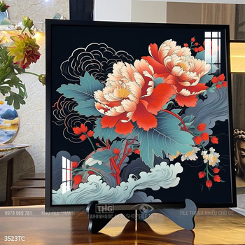 Tranh hoa mẫu đơn và chim công