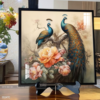 Tranh chim công và hoa mẫu đơn phong thủy