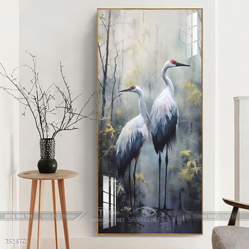 Tranh đôi chim công và hoa mẫu đơn treo tường phòng khách