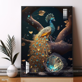 Tranh phòng khách chim công và hoa mẫu đơn treo tường