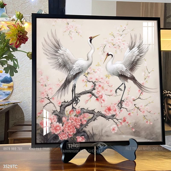 Tranh treo tường hoa mẫu đơn và đôi chim công khổ dọc