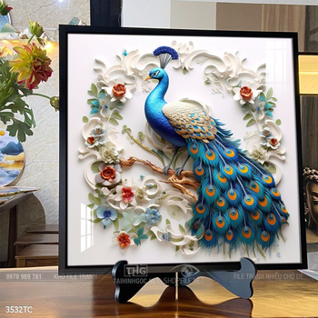 Tranh chim công hoa mẫu đơn decor trang trí tường nhà