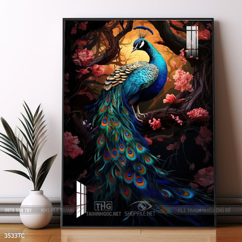 Tranh hoa mẫu đơn và chim công