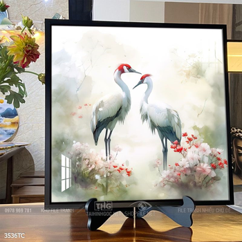 Tranh đôi chim công và hoa mẫu đơn treo tường phòng khách