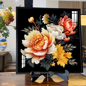 Tranh phòng khách chim công và hoa mẫu đơn treo tường