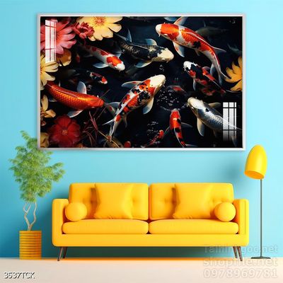 Tranh trang trí phòng khách cá chép hoa sen