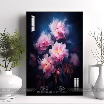 Tranh treo tường hoa mẫu đơn và đôi chim công khổ dọc