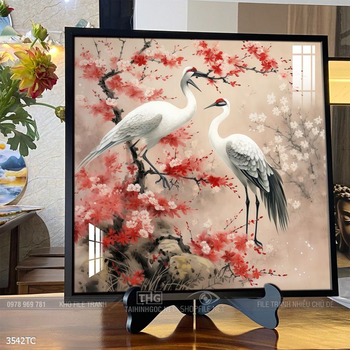 Tranh chim công hoa mẫu đơn decor trang trí tường nhà