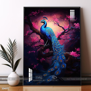 Tranh treo tường hoa mẫu đơn và đôi chim công khổ dọc