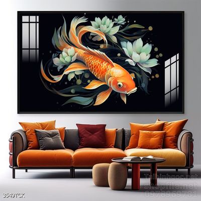 Tranh decor tường phòng khách cá chép hoa sen