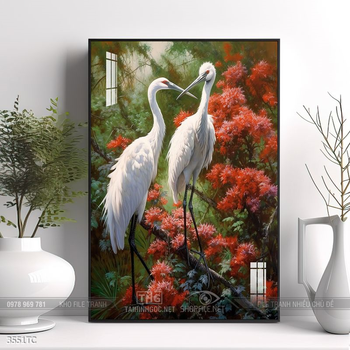 Tranh đôi chim công và hoa mẫu đơn treo tường phòng khách
