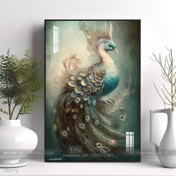 Tranh phòng khách chim công và hoa mẫu đơn treo tường