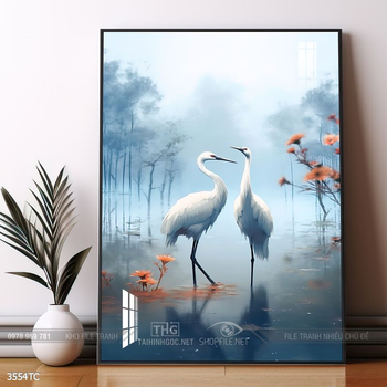 Tranh treo tường hoa mẫu đơn và đôi chim công khổ dọc