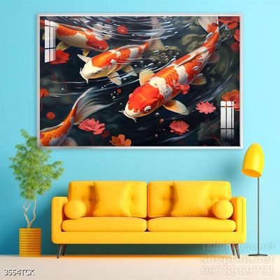 Tranh trang trí phòng khách cá chép hoa sen