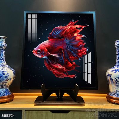 Tranh decor tường phòng khách cá chép hoa sen