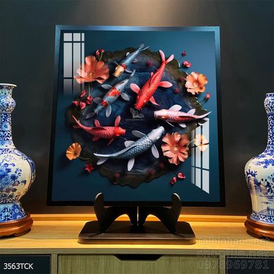 Tranh trang trí phòng khách cá chép hoa sen